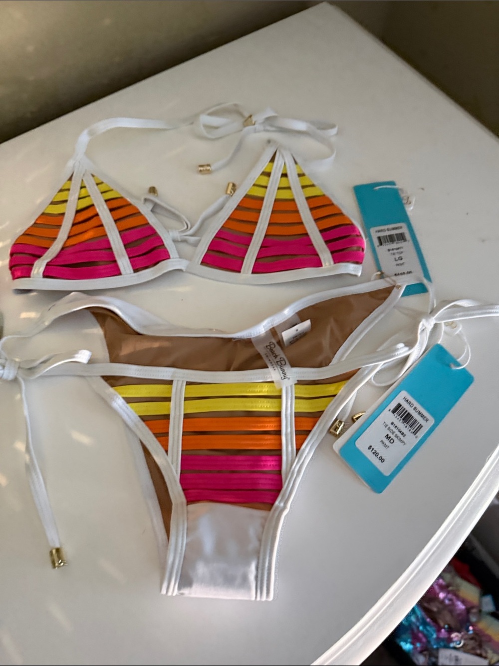 Hard Summer Beach Bunny Neon Stripe Tie Bikini - Pink, Orange, Yellow
